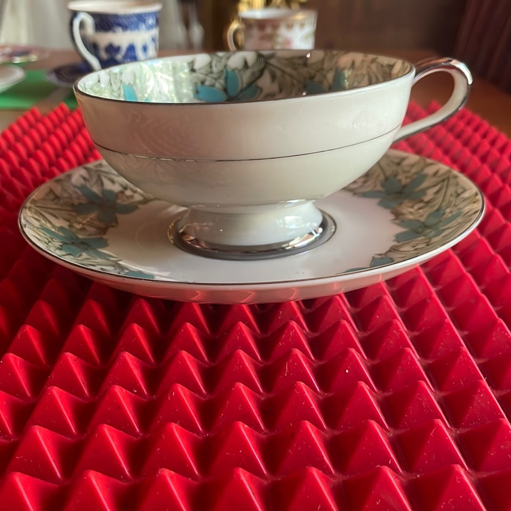 BEAUTIFUL ANTIQUE TURQUOISE & SILVER TEACUP AND SAUCER